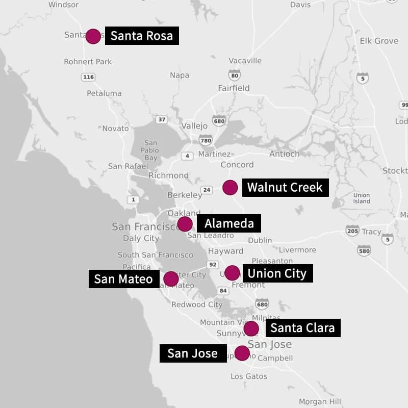 Map of Tomatina locations across the Bay Area
